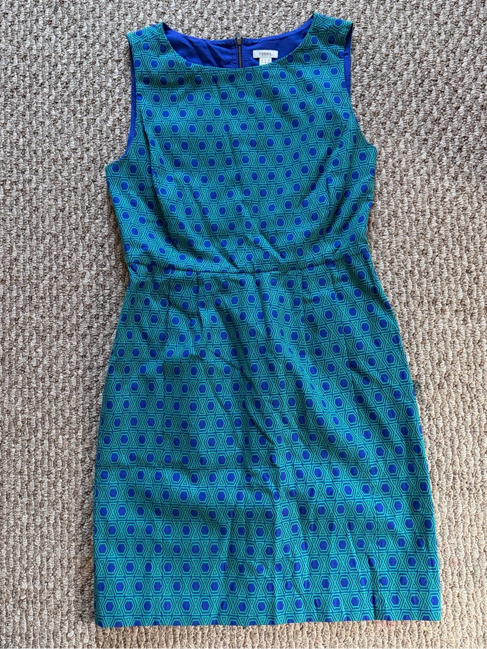 Fossil Sleeveless Teal and Royal Blue Geometric Sheath Dress